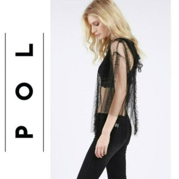 NWT POL Shear Mesh Ruffle Trim Hooded Top Blouse - Picture 2 of 6